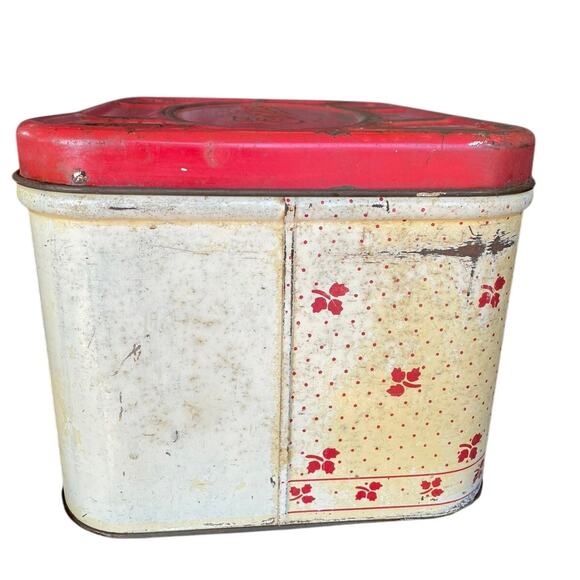 Vintage Metal Bread Box Tin Red White Hinged Floral Primitive Empeco Farm MCM - Picture 7 of 16